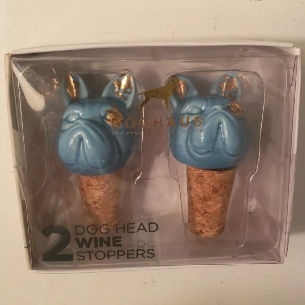 Doghaus (2) DOG HEAD wine stoppers. Set of two BLUE Marble and GOLD color w/cork